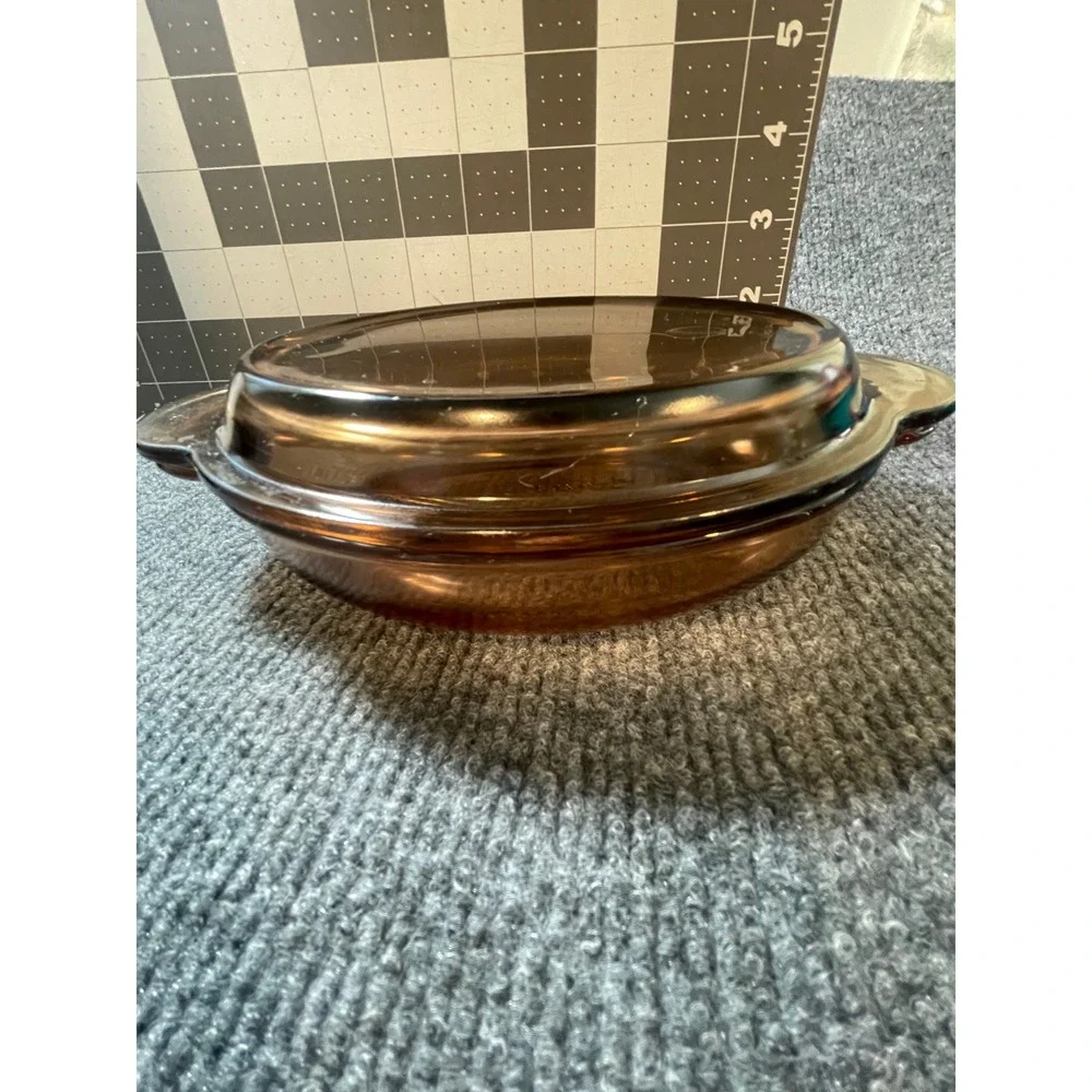 Vintage Vision Corning Amber Glass Oval Casserole Dish 1 Qt V-11-B with Lid USA